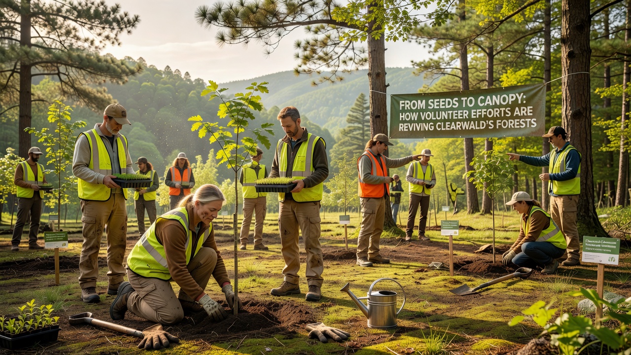 Aerial view of young tree saplings establishing canopy in restored Clearwald woodland area